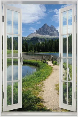 Produktbild von Wallario Wandbild mit Fenster-Illusion: See in Berglandschaft, Größe: 61 x 91,5 cm, Poster mit weißem Aluminiumrahmen