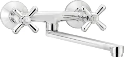A chrome kitchen faucet mounted on a white background.