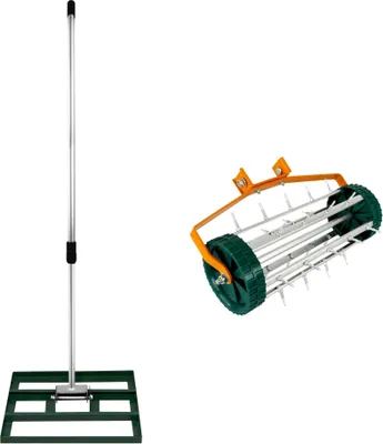 Immagine prodotto di Rastrello per prato e aeratore a rotelle con punte da 3,8 cm, 50 cm x 32 cm; rastrello livellatore verde, con manico doppio uso rimovibile ed estensibile