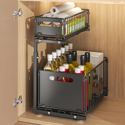 Produktbild von Schubladenregal mit 2 Körben Metall Unterschrank Organizer Gewürzregal Küche und Bad Schwarz