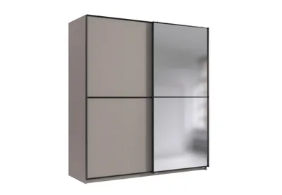 Produktbild von Kleiderschrank Ulm in Saharagrau mit Aufleistungen in Schwarz– Schwebetürenschrank 135 cm mit Spiegel