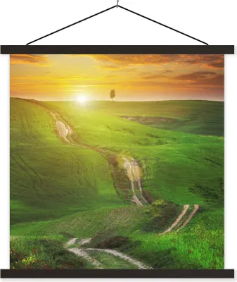 Produktbild von MuchoWow® Textilposter Toskana - Sonne - Hügel 120x120 cm mit schwarzem Rahmen - Aufhängungsset