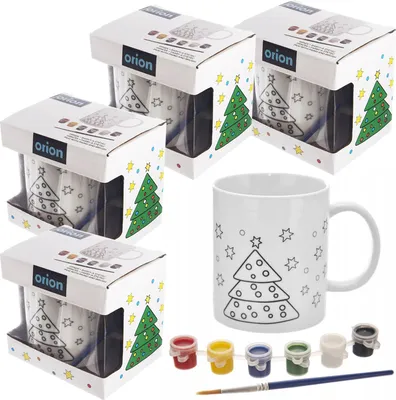 Zdjęcie produktu dla Kubek do malowania zestaw porcelanowy 4x kubek 350ml motyw świąteczny z pędzlami do malowania