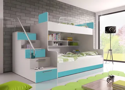 Produktbild von Etagenbett TOMI 2 , Doppelstockbett Hochglanz Kinderbett Hochbett , MIT Matratze und Lattenrost (Weiss / Türkis, Treppenseite: LINKS )