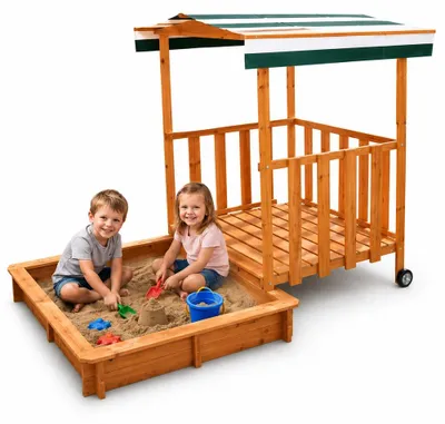 Produktbild von Mucola Beigekasten mit Sonnendach und Spielveranda Spielhaus Beigebox Beigekiste Holz Kinder HolzBeigekasten UV Schutz - Grün / Weiß