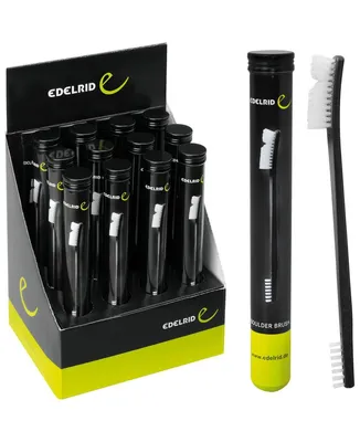 Produktfoto der Boulderbürste "Boulder Brush" von Edelrid; präsentiert in einem Verkaufsdisplay mit mehreren Bürsten.