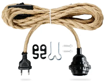 Produktbild von E27 Vintage Lampenkabel HäNgende Leuchte, E27 Lampenfassung Pendelleuchte mit Stecker, 4,5m Lampe Seil Hanfseil Textilkabel mit Schalter, für DIY Stehleuchten Vintage Hängeleuchte Kronleuchter