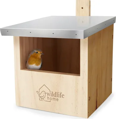 Produktbild von WILDLIFE HOME Vogel Nistkasten für Rotkehlchen, Rotschwänzchen & Halbhöhlenbrüter mit Metalldach I nach NABU aus verschraubtem Massiv-Holz I Wetterfest & Unbehandelt I Vogelhaus