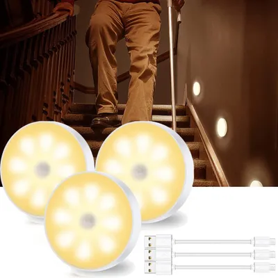 Produktbild von 3 Stück Nachtlicht mit Bewegungsmelder, 8 LEDs USB-Akku-Nachtlicht Ohne Bohren mit 3 Modi On/Auto/Off, warmweißes Licht geeignet