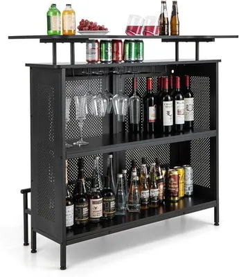 Produktbild von Bar für die Küche, mit Aufbewahrung und Füßenstützen, Bar mit metallischem Rahmen, verstellbare Beine, 120 x 50 x 106,5 cm, schwarz, rechteckig