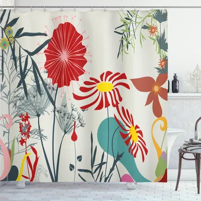 Image de Rideau de douche ABAKUHAUS Fleurs, beauté du jardin de pissenlits avec un motif graphique moderne clair et coloré représentant différentes fleurs sauvages, 175 x 180 cm, multicolore