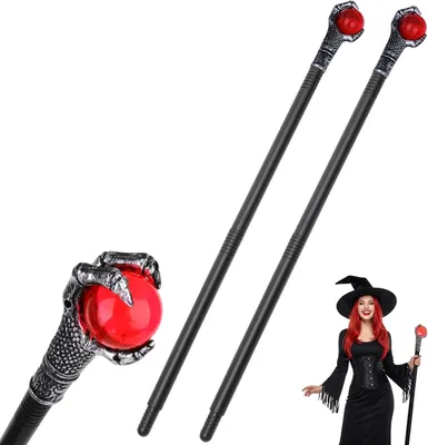 Productafbeelding van Afneembare Scepter - Set van 2 - Schroefdraad kostuumstaf met rode sierbol - Decoratieve wandelstok voor Halloween