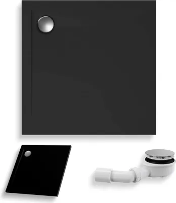Produktbild von BADLAND Duschwanne Quadratisch Geos 100x100x4,5 cm Schwarz, Steinoptik mit Ablaufgarnitur Gratis