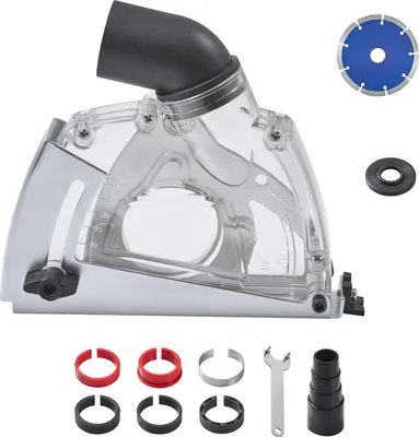 A collection of tools and accessories for a grinder, including a dust shroud, a diamond cutting disc, and various adapters.