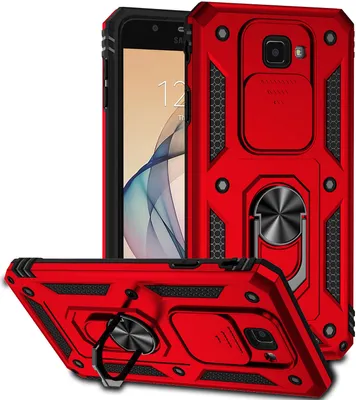 Produktbild von Galaxy J7 Prime Hülle mit Schiebe Kamera Schutz und Ringhalter Ständer Robust Rüstung Schutzhülle für Samsung Galaxy J7 Prime Rot