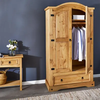 Produktbild von Kleiderschrank SALSA Garderobenschrank Mexiko Möbel Kiefer massiv, gebeizt/gewachst, 2 Türen und 1 Schublade