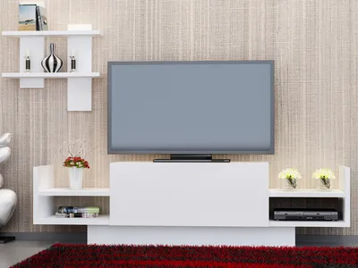 Immagine prodotto di Skye Decor, mobile TV di alta qualità, 120 x 36 x 31,5 cm, pannello truciolare rivestito al 100% in melamina, spessore 18 mm | Mensola da parete 28,5 x 10,3 x 29,5 cm | Design moderno ed elegante in bianco.