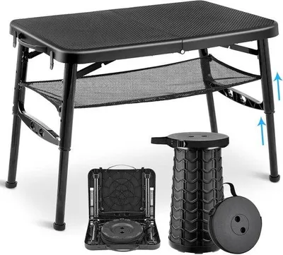 Produktbild von Famanu Campingtafel mit Teleskophocker - Tragbar, Verstellbar und Leichtgewicht für Camping, Picknick und Strand