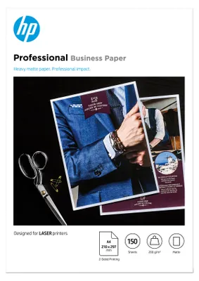 Obrázek produktu pro HP Matný papír Professionalpro laserové tiskárny 200 g/m² – 150 listů / A4 / 210 x 297 mm, Laserový tisk, A4 (210x297 mm), Matný, 150 listy, 200 g/m², Bílá