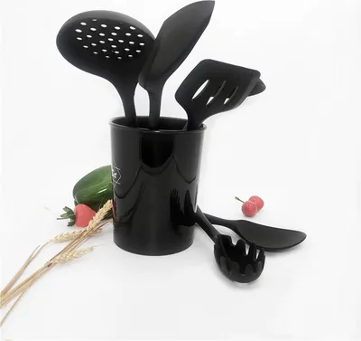 Image de set complet de 6 ustensiles de cuisine et de cuisson en silicone avec seau de rangement, set d'ustensiles de cuisine, gril, ustensiles de cuisine - Noir