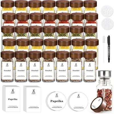 Immagine prodotto di Set di contenitori per spezie, 35 pezzi, quadrati, con coperchi in legno di acacia, capacità 120 ml, trasparenti, inclusi accessori