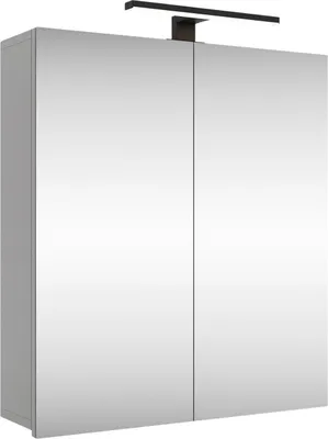 A mirrored cabinet with a black LED light fixture above it, shown from a three-quarter angle.