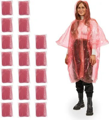 Produktbild von Relaxdays Regenponcho, 20er Set, Einweg Regencape mit Kapuze, Wandern, Festival, Notfallponcho für Damen & Herren, rot