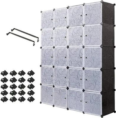 Image de Armoire, 20 Kubus en plastique Armoire penderie, Étagère enfichable Armoire combinée,Schrank Système d'étagères avec 2 barres de penderie, noir
