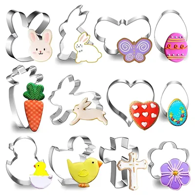 Produktbild von Ausstechformen-Set - 12-teilig mit Hase, Küken, Schmetterling, Osterei, Karotte und Blume - Backformen für Plätzchen