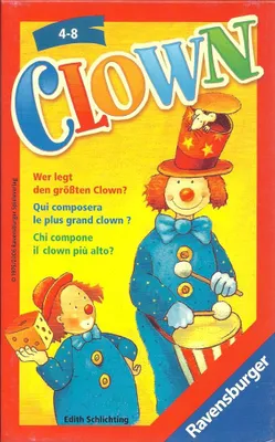 A colorful illustration of two clowns, one larger and playing a drum, the other smaller and holding a dice. The background is yellow with a red border. Text and the Ravensburger logo are visible.