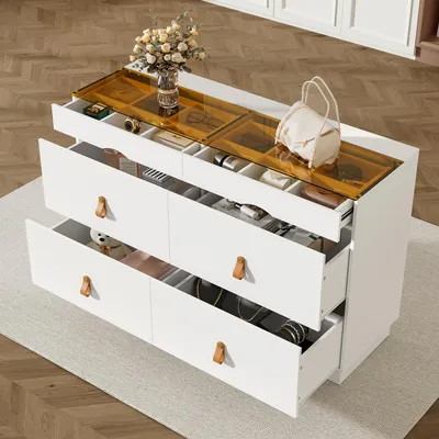 Image de Buffet Merax en verre trempé, 6 tiroirs, coiffeuse, rangement pour bijoux, armoire haute pour chambre à coucher, dressing, salle à manger, blanc