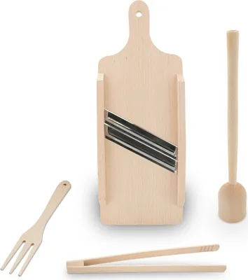 Produktbild von KERAZO Holz Set 4-teilig Krauthobel Krautreibe Gemüsereibe 2-Messer, Stampfer, Zange, Gabel