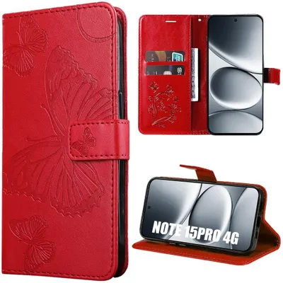 Image de Coque pour Xiaomi Redmi Note 15 Pro 4G, Antichoc Cuir Synthétique Motif Papillons - Rouge
