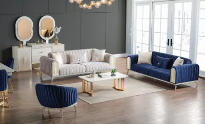 Produktbild von Sofagarnitur 3+3+1 Sitzer Wohnzimmer Set Komplett Textil Sofa Sessel Holz Blau