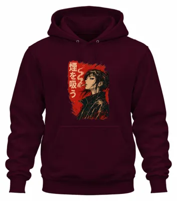 Imagen del producto de Sudadera con capucha, estilo anime, con diseño de chica fumando, estética manga, Japón, estilo Y2K, para otaku, color burdeos, talla M