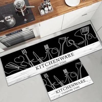 Obrázok produktu pre Kuchynská podložka s gumovými okrajmi, 2-dielna, umývateľná, protišmyková, čierna, 40 x 120 cm