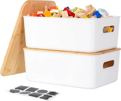 Produktbild von Aufbewahrungsboxen 28,5 x 27,2 x 15,2 cm, 13 L, 2er-Set, weißer Kunststoff, Bambusdeckel, für Küche
