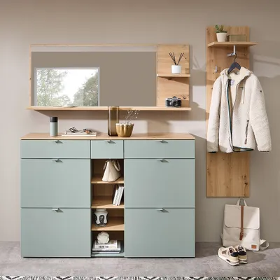 Produktbild von Garderobenset modern 3-teilig mit Kommode grün matt mit Eiche BLISS-36