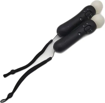 Two black Sony PS4 Move Motion Controllers with white spherical tops and black wrist straps are shown against a white background.