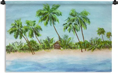 Produktbild von MuchoWow® Wandteppich Wandbehang Palme - Hütte - Strand 90x60 cm Tapisserie Dekoration Wandtuch - Wandskulpturen - Bildteppich