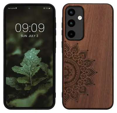 Produktbild von kwmobile Hülle kompatibel mit Samsung Galaxy A55 5G Hülle - Holz Case - Handy Cover - TPU Handyhülle in Dunkelbraun Aufgehende Sonne