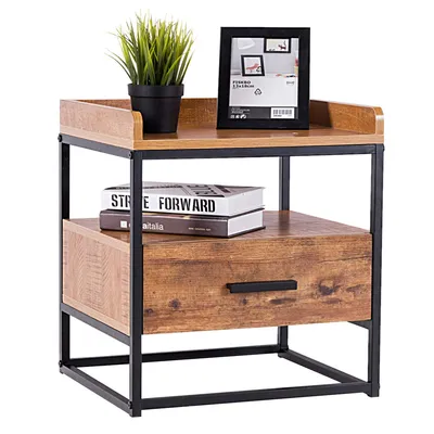 Produktbild von GOPLUS Beistelltisch mit 2 Ablagen, Ablagetisch mit Regal und Schublade, aus Metall und MDF-Platten, im Industriellem Stil, Nachttisch Kaffeetisch Sofatisch Betttisch fš¹r Wohnzimmer Schlafzimmer