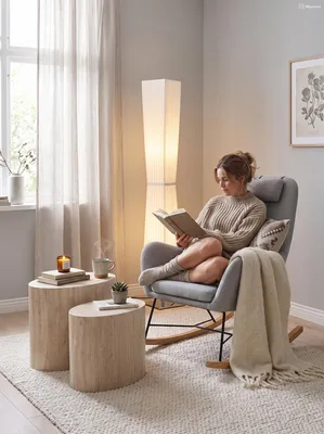 Produktbild von SalesFever Schaukelsessel Set mit Stehlampe und 2 Beistelltischen – 4-teiliges Relax-Set für gemütliche Leseecke im Wohnzimmer