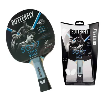 A table tennis racket and its packaging are displayed.