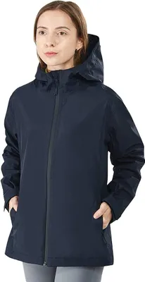 Produktbild von GOPLUS wasserdicht Regenjacke Kapuzenjacke für Damen aus Nylon mit Kordelzüge, Reißverschluss Taschen Fleece-Innenknopfleiste, Pendlerjacke Dunkelblau S