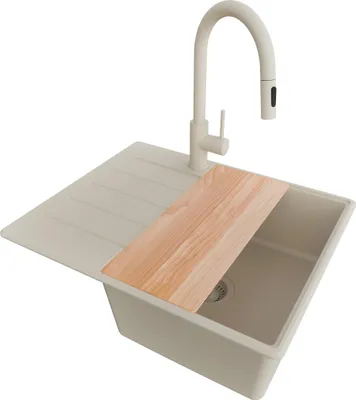 Produktbild von PRIMAGRAN Granitspüle Beige 62x50cm, Spülbecken 1 Becken + Küchenarmatur 40x20cm + Ablauf-Set + Schneidebrett, Küchenspüle ab 45er Unterschrank - Kopenhagen