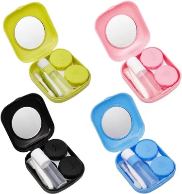 Imagen del producto de Estuche para lentes de contacto, juego de 4 piezas, con espejo y accesorios, de colores, ideal para llevar de viaje