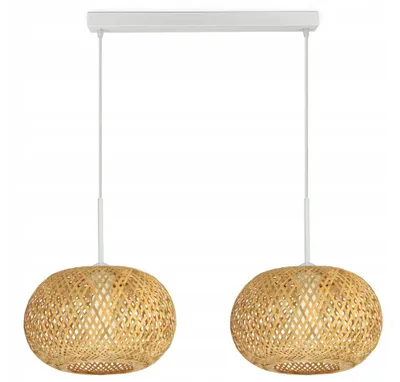A product shot of a double pendant light fixture with bamboo shades.