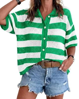Produktbild von Gestreifte Häkelstrickjacke für Damen, mittellang, lockere Passform,Größe:XL