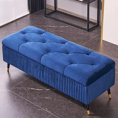 Image de Pouf avec rangement, tissu velours, bleu, 110x45x45 cm